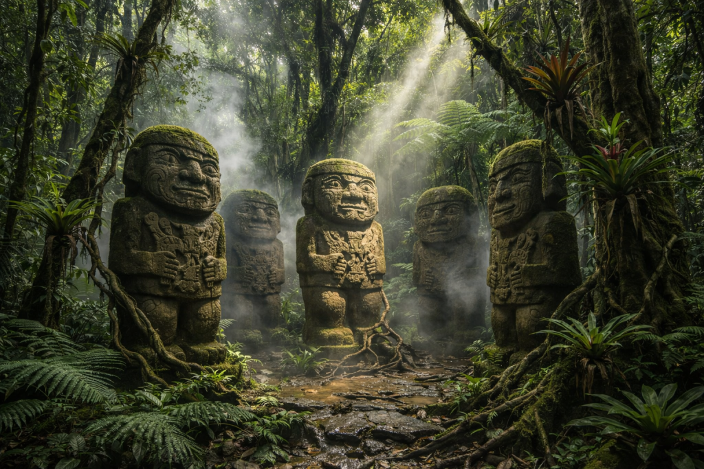 Una majestuosa fotografía de gran profundidad de campo, tomada desde un ángulo ligeramente bajo para enfatizar la escala, muestra un conjunto de antiguas y colosales estatuas monolíticas de San Agustín, grabadas con intrincadas figuras zoomorfas y antropomórficas, profundamente incrustadas en un denso y húmedo bosque nuboso andino (la región de Huila). Toda la escena está envuelta en una mística y cambiante niebla de montaña que se arremolina entre las gigantescas estatuas cubiertas de musgo y la oscura y exuberante vegetación de la selva, que incluye helechos gigantes, bromelias y troncos de árboles nudosos. Un único y dramático rayo de sol penetra la espesa niebla y la bóveda forestal, iluminando selectivamente una de las estatuas centrales, resaltando la textura de la antigua piedra volcánica y sus tallas, mientras que las demás se desvanecen en la sombra (claroscuro). En primer plano, sobre una piedra cubierta de musgo y ligeramente desenfocada, se encuentra una rosa de los vientos de bronce antiguo, idéntica a la del mapa en image_14.png, que simboliza la conexión de la expedición. Las raíces se enroscan alrededor de la base. Poderosa, misteriosa y madura. Sin mascotas, sin personas.
