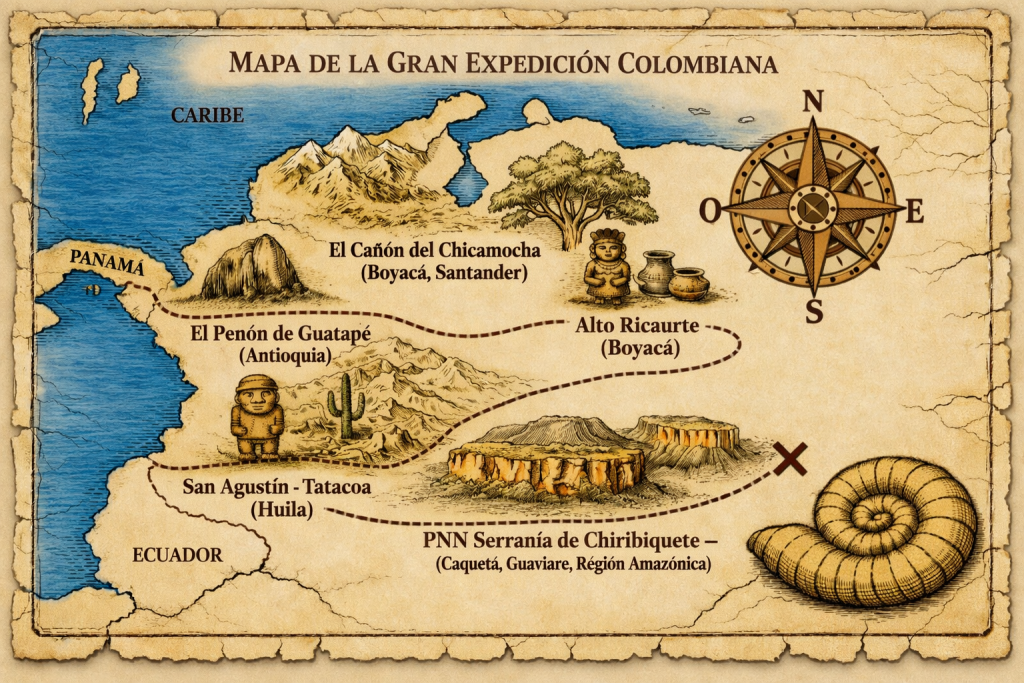 Un mapa grabado al estilo antiguo y detallado de Colombia orientado horizontalmente sobre pergamino envejecido. Resalta destinos ecoturísticos y culturales clave: ilustraciones de Cartagena y Sierra Nevada en el Caribe; una figura Muisca con una cesta de cerámica en el Alto Ricaurte - Ráquira; y una estatua monolítica de San Agustín y el Desierto de la Tatacoa en el Huila, marcados con una 'X' y conectados por un sendero de explorador. Incluye una rosa de los vientos detallada.