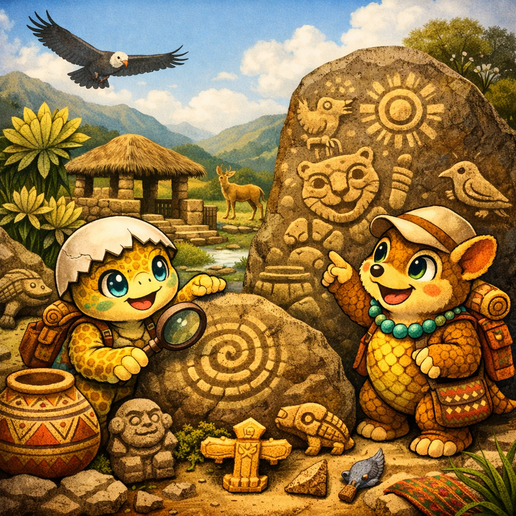 Escena de un cuento ilustrado, donde Kora y Tato están en medio de una aventura que enseña algo importante.